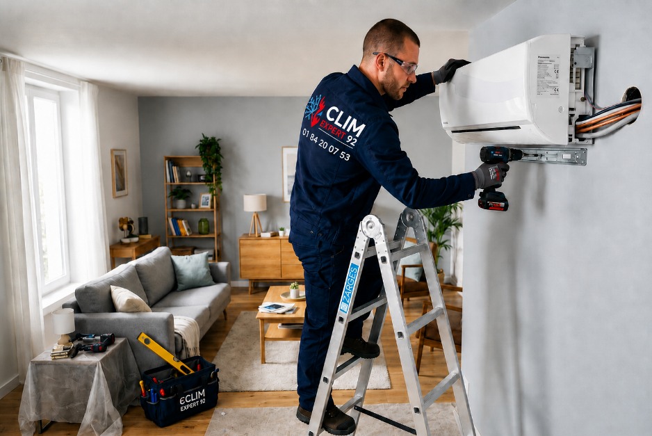 Technicien Clim Expert 92 devant un immeuble des Hauts-de-Seine équipé d'une climatisation
